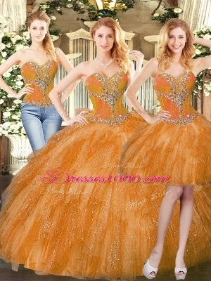 Orange Red Three Pieces Sweetheart Sleeveless Organza Floor Length Lace Up Beading and Ruffles 15th Birthday Dress
