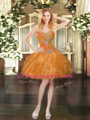 Orange Red Three Pieces Sweetheart Sleeveless Organza Floor Length Lace Up Beading and Ruffles 15th Birthday Dress