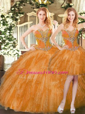 Orange Red Three Pieces Sweetheart Sleeveless Organza Floor Length Lace Up Beading and Ruffles 15th Birthday Dress