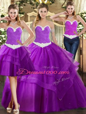 Enchanting Purple Sleeveless Appliques Floor Length Ball Gown Prom Dress