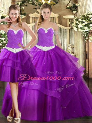 Enchanting Purple Sleeveless Appliques Floor Length Ball Gown Prom Dress