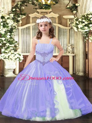 Floor Length Lace Up Pageant Gowns For Girls Lavender for Party and Quinceanera with Beading