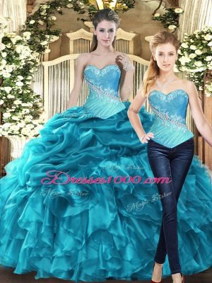 Beautiful Floor Length Aqua Blue Quinceanera Gown Sweetheart Sleeveless Lace Up