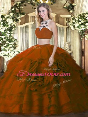 Beauteous Sleeveless Tulle Floor Length Backless Sweet 16 Dresses in Brown with Beading and Ruffled Layers