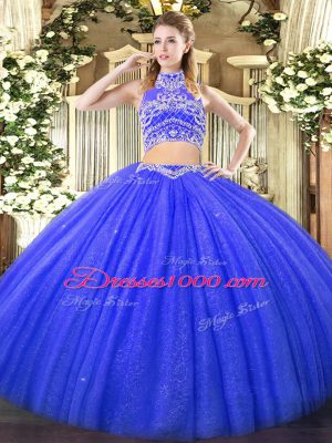 Blue Tulle Backless Quinceanera Gowns Sleeveless Floor Length Beading