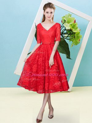 Tea Length Lace Up Bridesmaid Dress Red for Prom and Party and Wedding Party with Bowknot