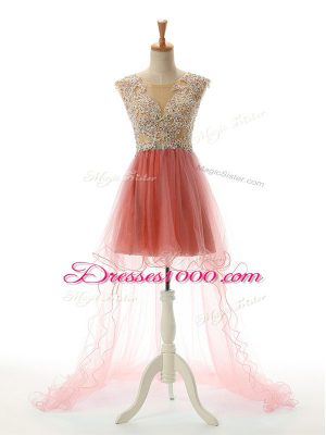 Fine Watermelon Red Dress for Prom Prom and Party with Appliques Scoop Sleeveless Backless