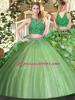 Discount Olive Green Tulle Zipper Quinceanera Gown Sleeveless Floor Length Beading and Ruffles