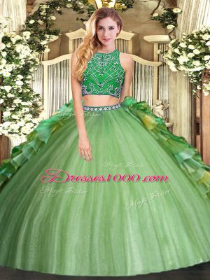 Discount Olive Green Tulle Zipper Quinceanera Gown Sleeveless Floor Length Beading and Ruffles