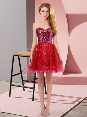 Wine Red Zipper Prom Dresses Sequins Sleeveless Mini Length