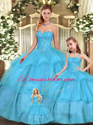 New Arrival Aqua Blue Sleeveless Beading and Ruffled Layers Floor Length Sweet 16 Dresses
