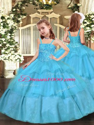 New Arrival Aqua Blue Sleeveless Beading and Ruffled Layers Floor Length Sweet 16 Dresses