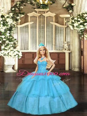 New Arrival Aqua Blue Sleeveless Beading and Ruffled Layers Floor Length Sweet 16 Dresses