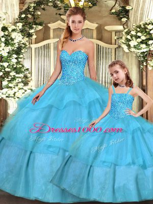 New Arrival Aqua Blue Sleeveless Beading and Ruffled Layers Floor Length Sweet 16 Dresses