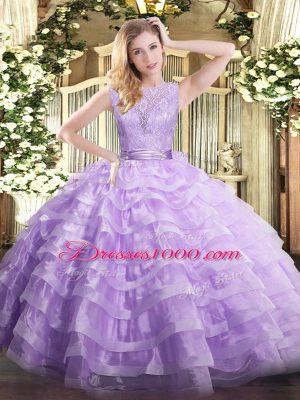 Lavender Organza Backless Quince Ball Gowns Sleeveless Floor Length Lace and Ruffled Layers
