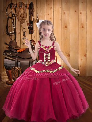 Sleeveless Floor Length Embroidery Lace Up Little Girls Pageant Dress Wholesale with Red