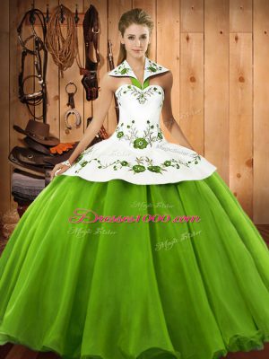 Ball Gowns Satin and Tulle Halter Top Sleeveless Embroidery Floor Length Lace Up Quinceanera Dresses