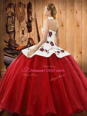 Ball Gowns Satin and Tulle Halter Top Sleeveless Embroidery Floor Length Lace Up Quinceanera Dresses