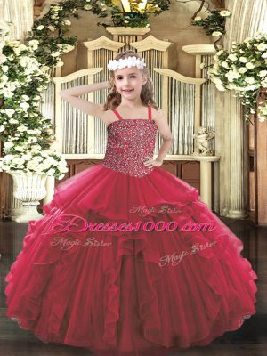 Floor Length Red Little Girl Pageant Gowns Tulle Sleeveless Beading and Ruffles