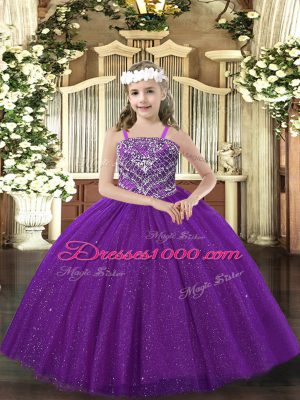 Hot Selling Purple Ball Gowns Beading Girls Pageant Dresses Lace Up Tulle Sleeveless Floor Length