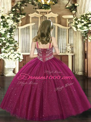 Hot Selling Purple Ball Gowns Beading Girls Pageant Dresses Lace Up Tulle Sleeveless Floor Length