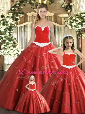 Flirting Red Lace Up Sweetheart Beading Quinceanera Gown Tulle Sleeveless