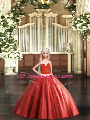 Flirting Red Lace Up Sweetheart Beading Quinceanera Gown Tulle Sleeveless