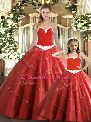 Flirting Red Lace Up Sweetheart Beading Quinceanera Gown Tulle Sleeveless