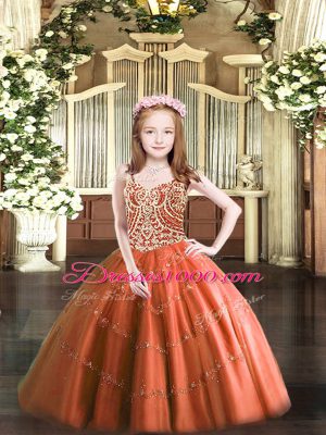 Rust Red Straps Lace Up Beading Custom Made Pageant Dress Sleeveless