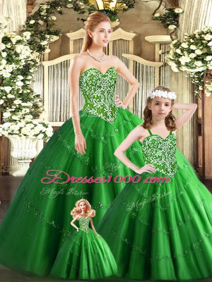 Sleeveless Floor Length Beading Lace Up Quinceanera Dresses with Green