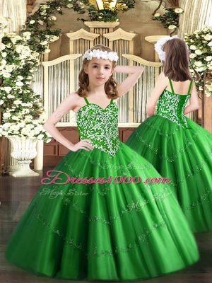 Sleeveless Floor Length Beading Lace Up Quinceanera Dresses with Green