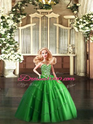 Sleeveless Floor Length Beading Lace Up Quinceanera Dresses with Green