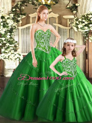 Sleeveless Floor Length Beading Lace Up Quinceanera Dresses with Green