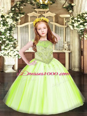 Latest Yellow Green Zipper Scoop Beading and Appliques Kids Formal Wear Tulle Sleeveless