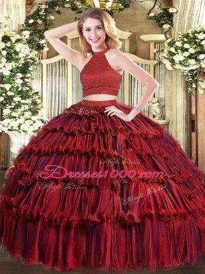 Floor Length Backless Quinceanera Dresses Wine Red for Military Ball and Sweet 16 and Quinceanera with Beading and Ruffled Layers