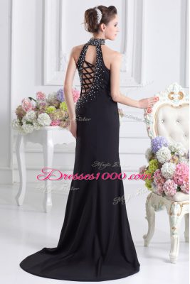 High Class Halter Top Sleeveless Elastic Woven Satin Homecoming Dress Beading Sweep Train Lace Up