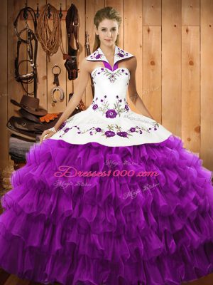 Embroidery and Ruffled Layers Vestidos de Quinceanera Eggplant Purple Lace Up Sleeveless Floor Length