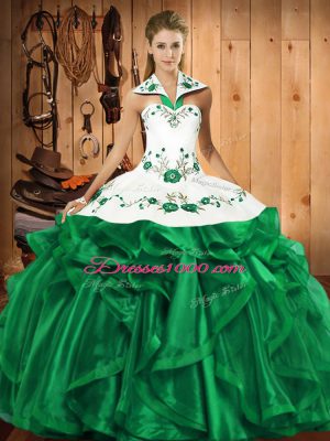 Pretty Floor Length Green 15 Quinceanera Dress Satin and Organza Sleeveless Embroidery and Ruffles