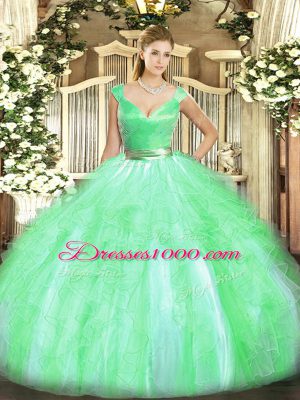 Super Apple Green Tulle Zipper V-neck Sleeveless Floor Length Sweet 16 Dress Beading and Ruffles