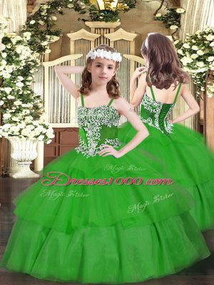 Nice Green Organza Lace Up Straps Sleeveless Floor Length Pageant Dresses Appliques and Ruffled Layers