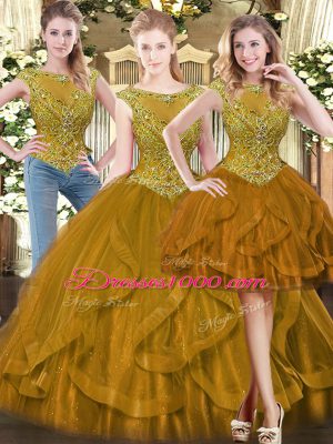 Dazzling Scoop Sleeveless Ball Gown Prom Dress Floor Length Beading and Ruffles Brown Tulle
