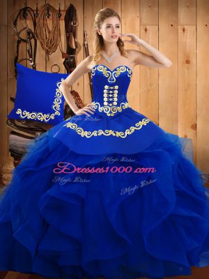 Blue Ball Gowns Organza Sweetheart Sleeveless Embroidery and Ruffles Floor Length Lace Up Quinceanera Dresses