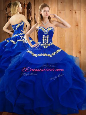 Blue Ball Gowns Organza Sweetheart Sleeveless Embroidery and Ruffles Floor Length Lace Up Quinceanera Dresses