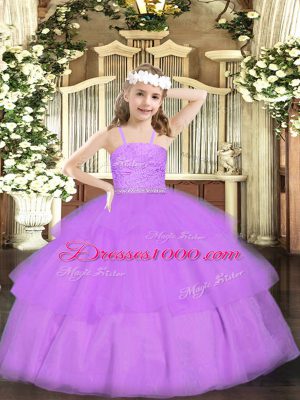 Floor Length Zipper Party Dress for Girls Lavender for Party and Quinceanera with Beading and Lace
