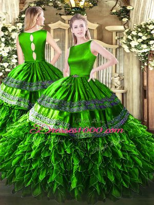 Most Popular Sleeveless Floor Length Ruffles Clasp Handle Sweet 16 Dress with Green