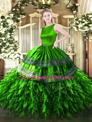 Most Popular Sleeveless Floor Length Ruffles Clasp Handle Sweet 16 Dress with Green