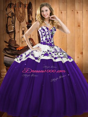 Glittering Purple Sleeveless Floor Length Embroidery Lace Up Quinceanera Gown