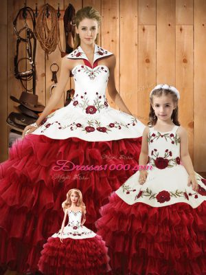 Great Wine Red Ball Gowns Halter Top Sleeveless Tulle Floor Length Lace Up Embroidery and Ruffles Quinceanera Gowns