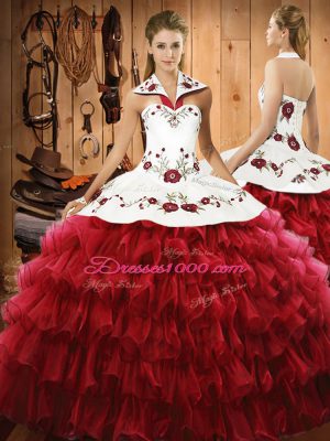 Great Wine Red Ball Gowns Halter Top Sleeveless Tulle Floor Length Lace Up Embroidery and Ruffles Quinceanera Gowns