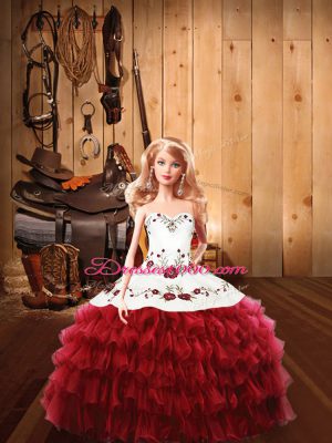 Great Wine Red Ball Gowns Halter Top Sleeveless Tulle Floor Length Lace Up Embroidery and Ruffles Quinceanera Gowns